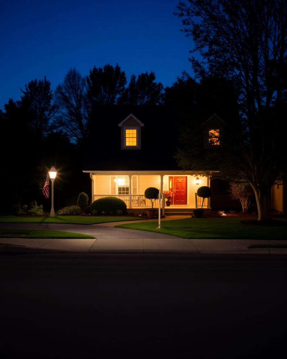 A warmly lit family home at dusk with the porch lights on