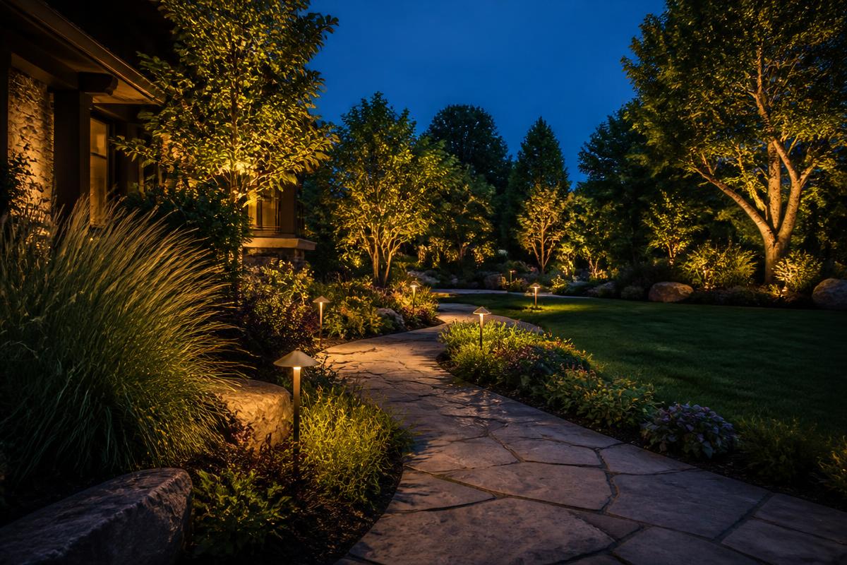 Lush landscaped garden beds and stone walkway lit by warm path lighting at dusk