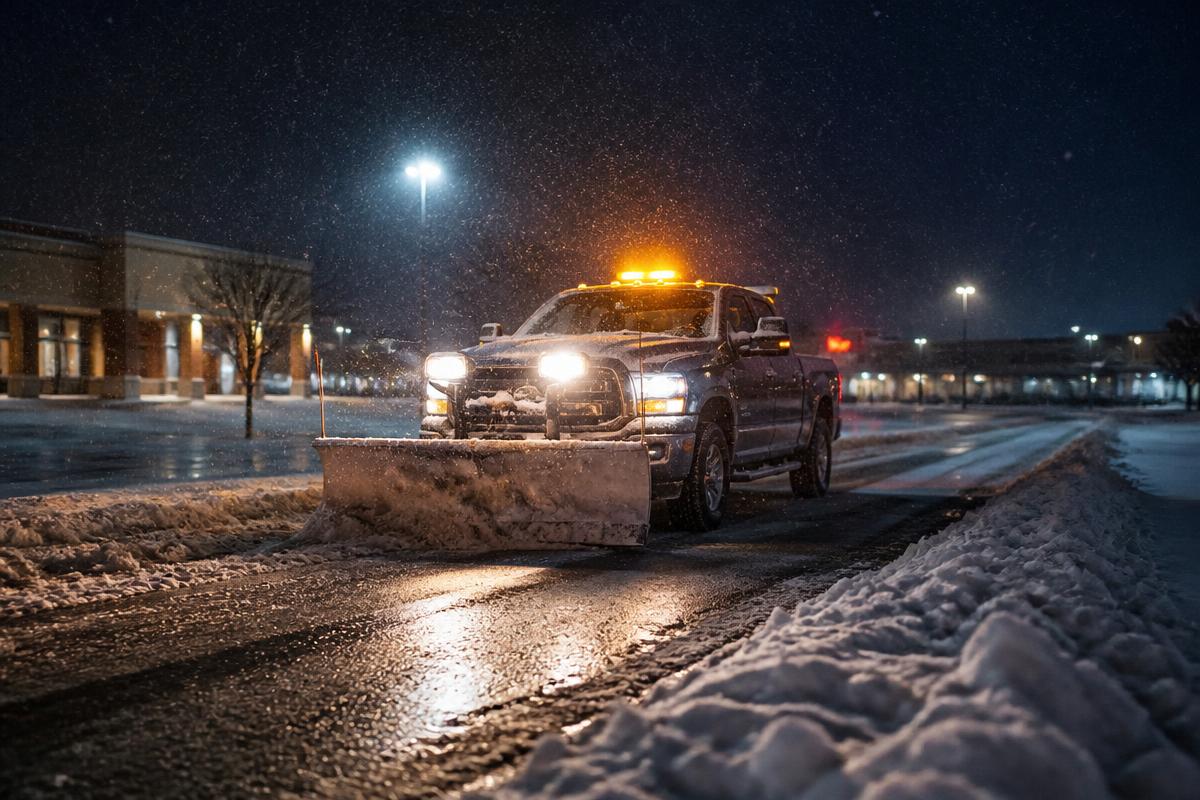 Snow plow truck clearing a commercial parking lot at night